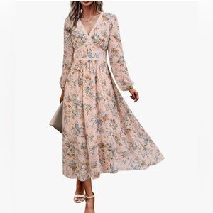 Never worn - V Neck Long Sleeve Wrap Maxi A Line Empire Waist Chiffon Dress